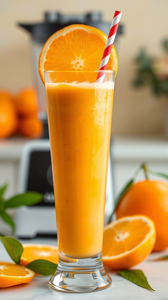 A refreshing orange smoothie in a glass, garnished with an orange slice, on a kitchen counter.